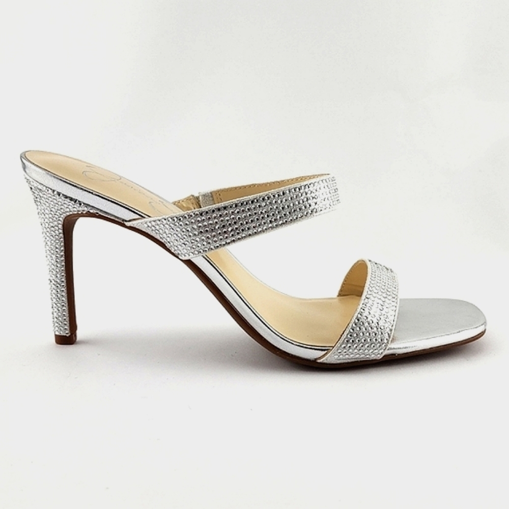 Jessica Simpson Women Silver Rhinestone Double Strap Slip On High Heel Sandal 9M - Picture 2 of 16